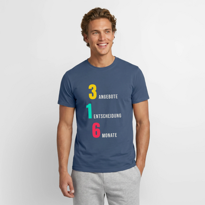 "3 Angebote. 1 Entscheidung. 6 Monate." Motiv-T-Shirt für Männer, Farbe Dunkles Denimblau