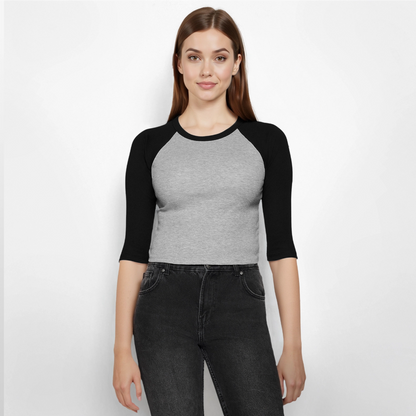 Frauen Cropped Baseball T-Shirt 3/4 Arm - personalisierbare Vorder- und Rückseite - Grau meliert/Schwarz