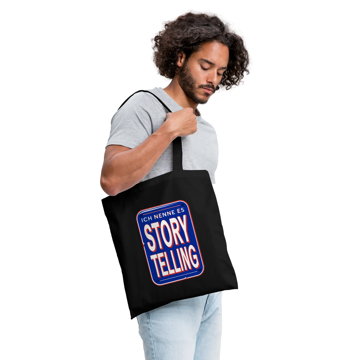 Ich nenne es Storytelling. Stoffbeutel, Farbe Schwarz, Model