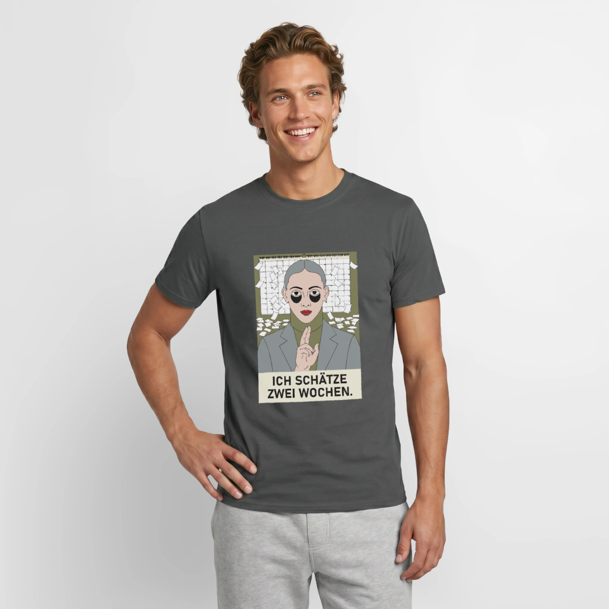 Ich schätze zwei Wochen. Porträt-Motiv Motiv-T-Shirt für Männer, Farbe Anthrazit, Model