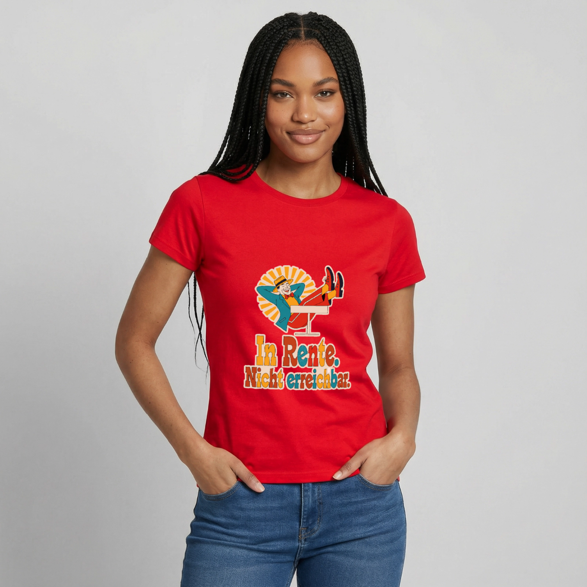 "In Rente. Nicht erreichbar. Midcentury-Motiv" Motiv-T-Shirt für Frauen, Farbe Rot