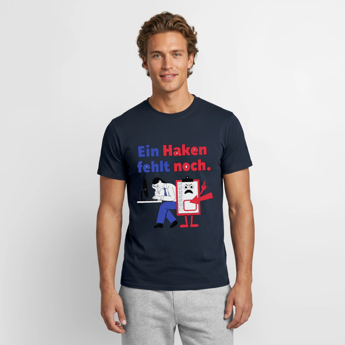 "Ein Haken fehlt noch. Klemmbrett-Motiv" Motiv-T-Shirt für Männer, Farbe Navy