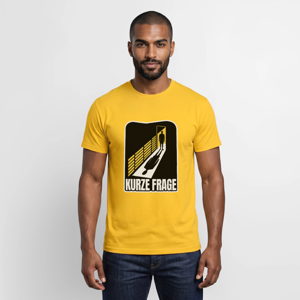 "Kurze Frage. Film-noir-Motiv" Motiv-T-Shirt für Männer, Farbe Gelb