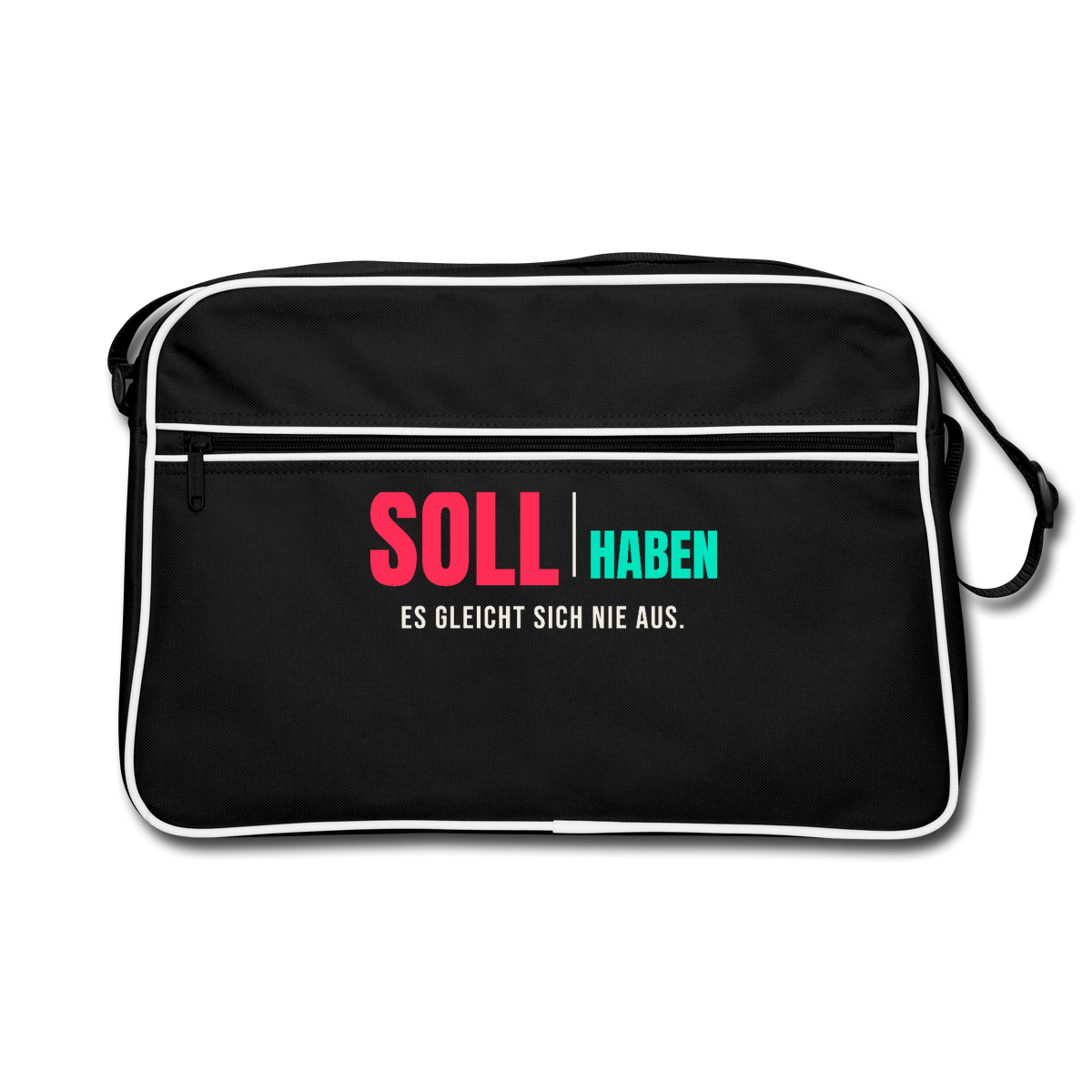 "Soll und Haben. Es gleicht sich nie aus." Motiv-Retro-Tasche, Farbe Schwarz/Weiß