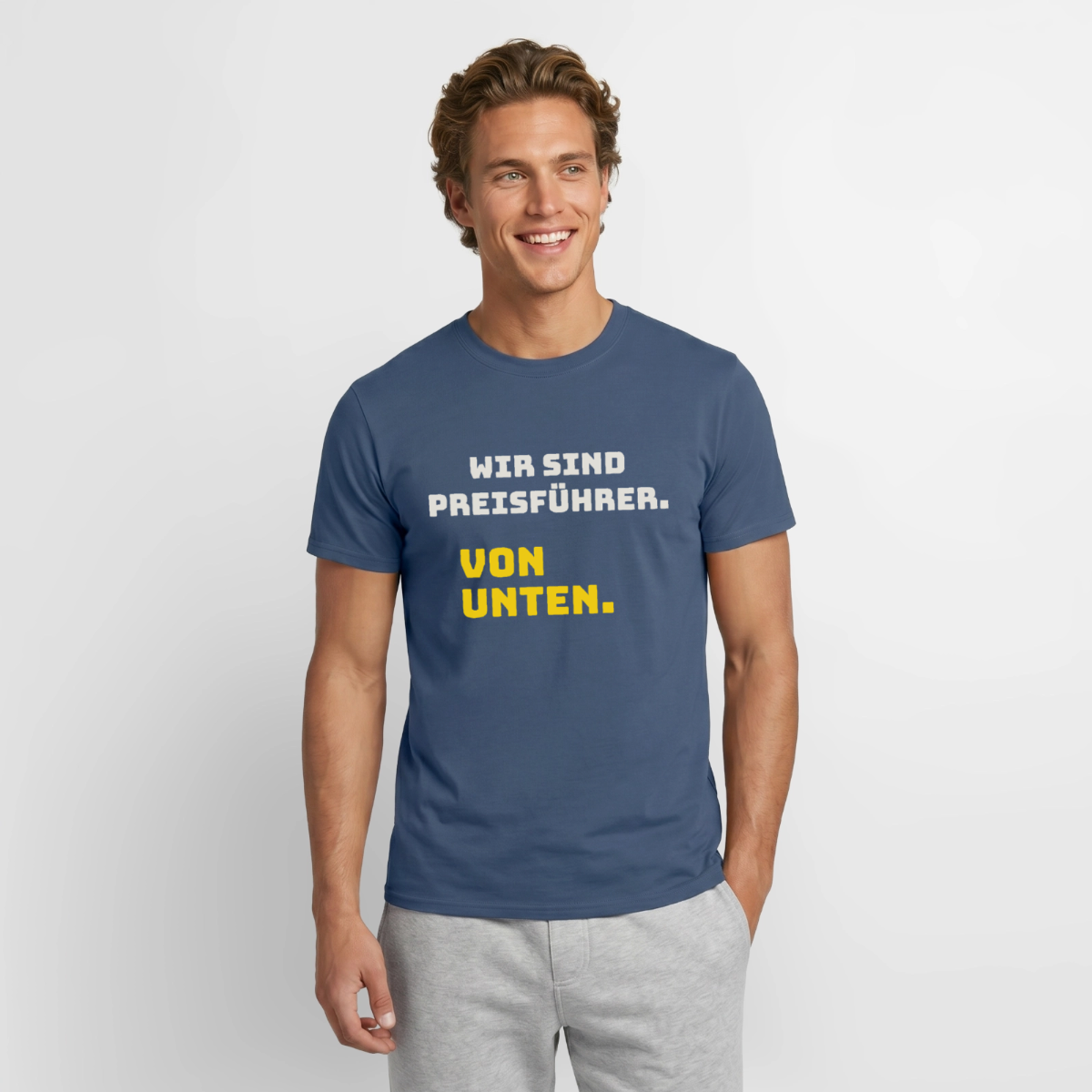 "Wir sind Preisführer. Von unten." Motiv-T-Shirt für Männer, Farbe Dunkles Denimblau