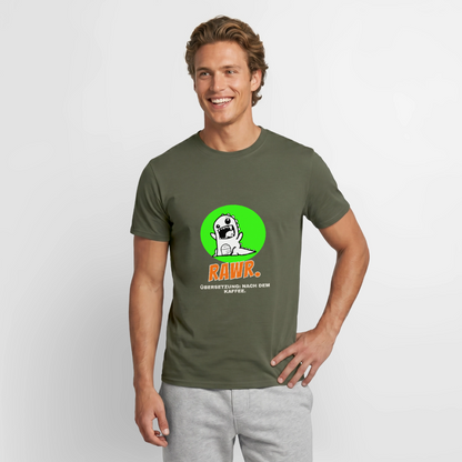 "Rawr. Übersetzung: nach dem Kaffee. Sticker-Motiv" Motiv-T-Shirt für Männer, Farbe Militärgrün