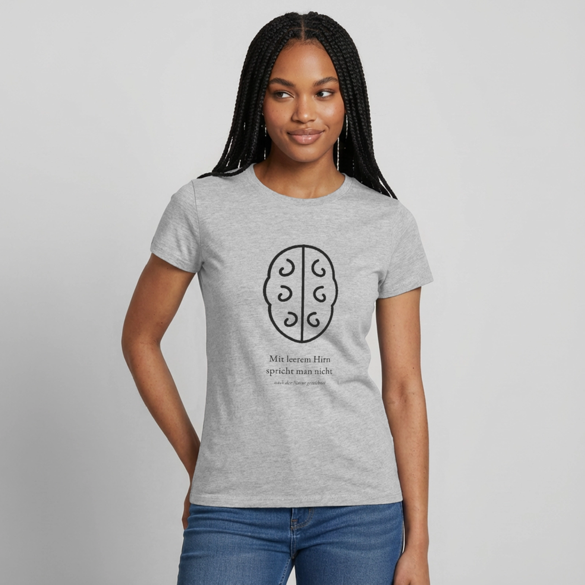 Mit leerem Hirn spricht man nicht. Motiv-T-Shirt für Frauen, Farbe Grau meliert, Model
