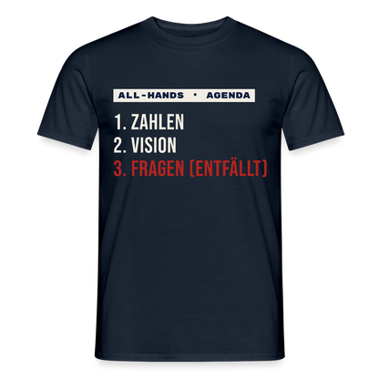 All-Hands-Agenda: 1 Zahlen, 2 Vision, 3 Fragen (entfällt) Motiv-T-Shirt für Männer, Farbe Navy
