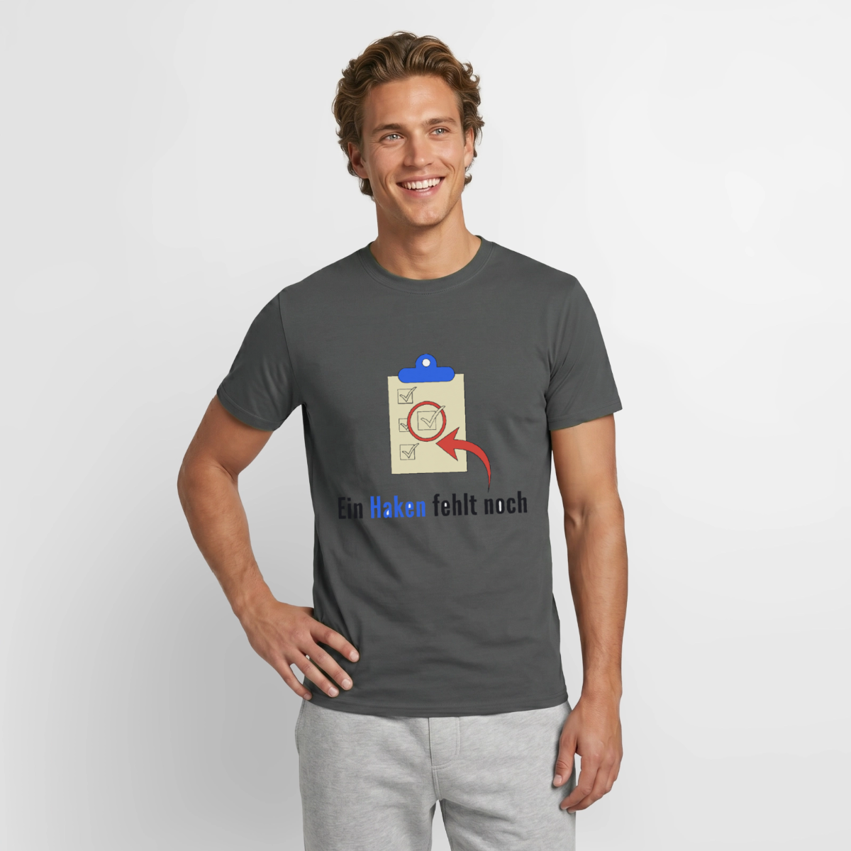 "Ein Haken fehlt noch." Motiv-T-Shirt für Männer, Farbe Anthrazit