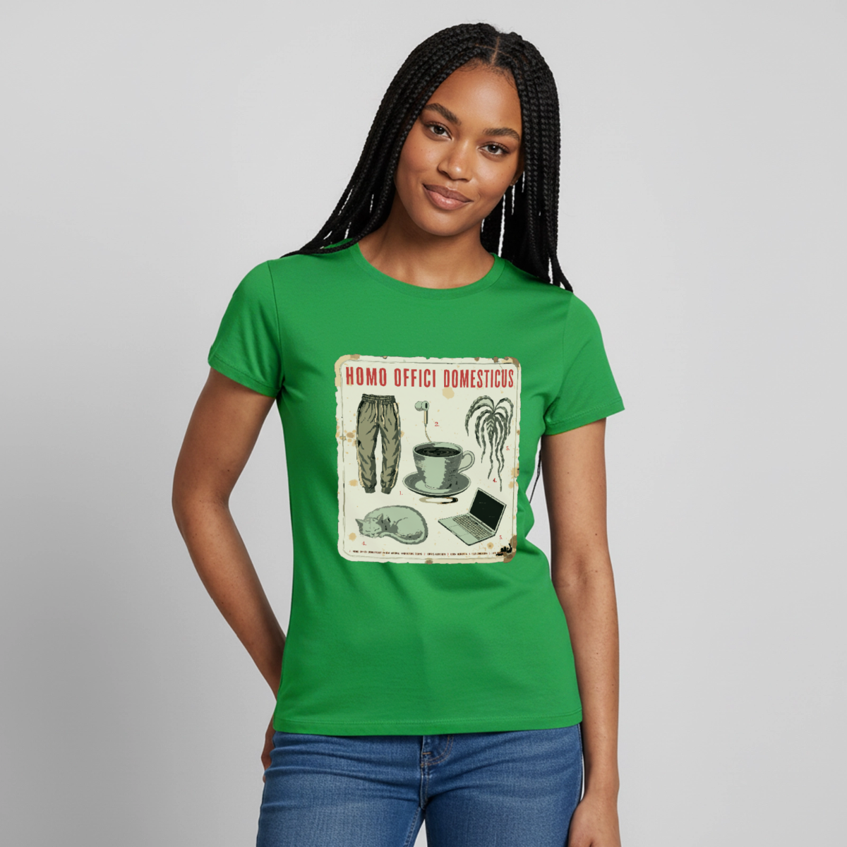 Homo Offici Domesticus Motiv-T-Shirt für Frauen, Farbe Kelly Green, Model