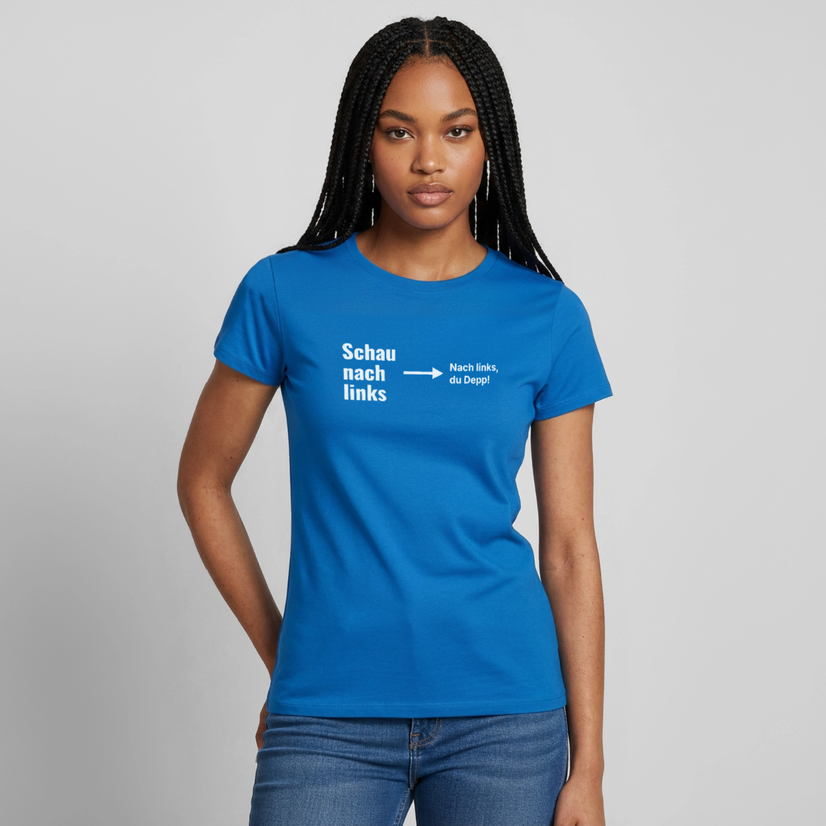 Schau nach links. Typo-Motiv Motiv-T-Shirt für Frauen, Farbe Royalblau, Model