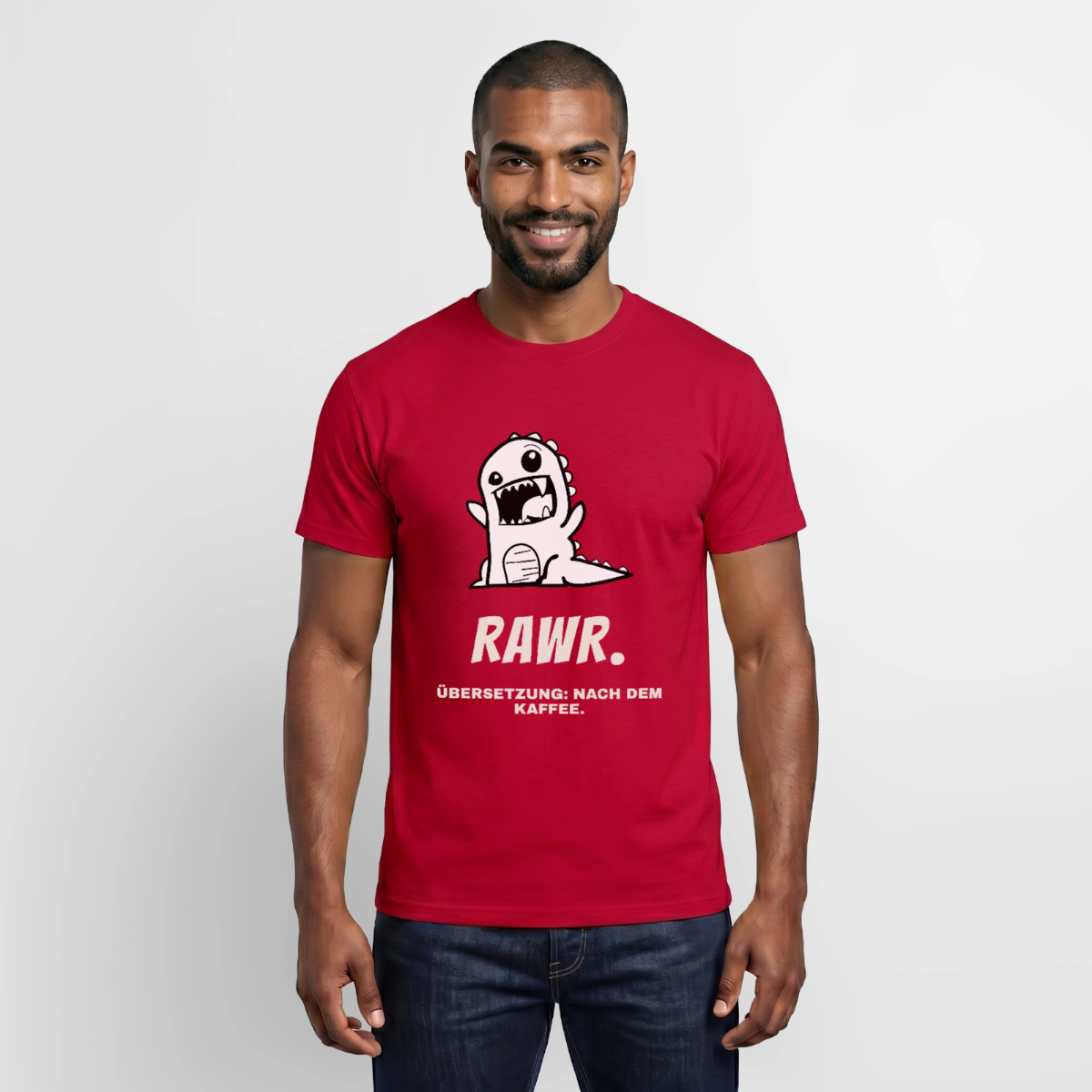 "Rawr. Übersetzung: nach dem Kaffee." Motiv-T-Shirt für Männer, Farbe Rot
