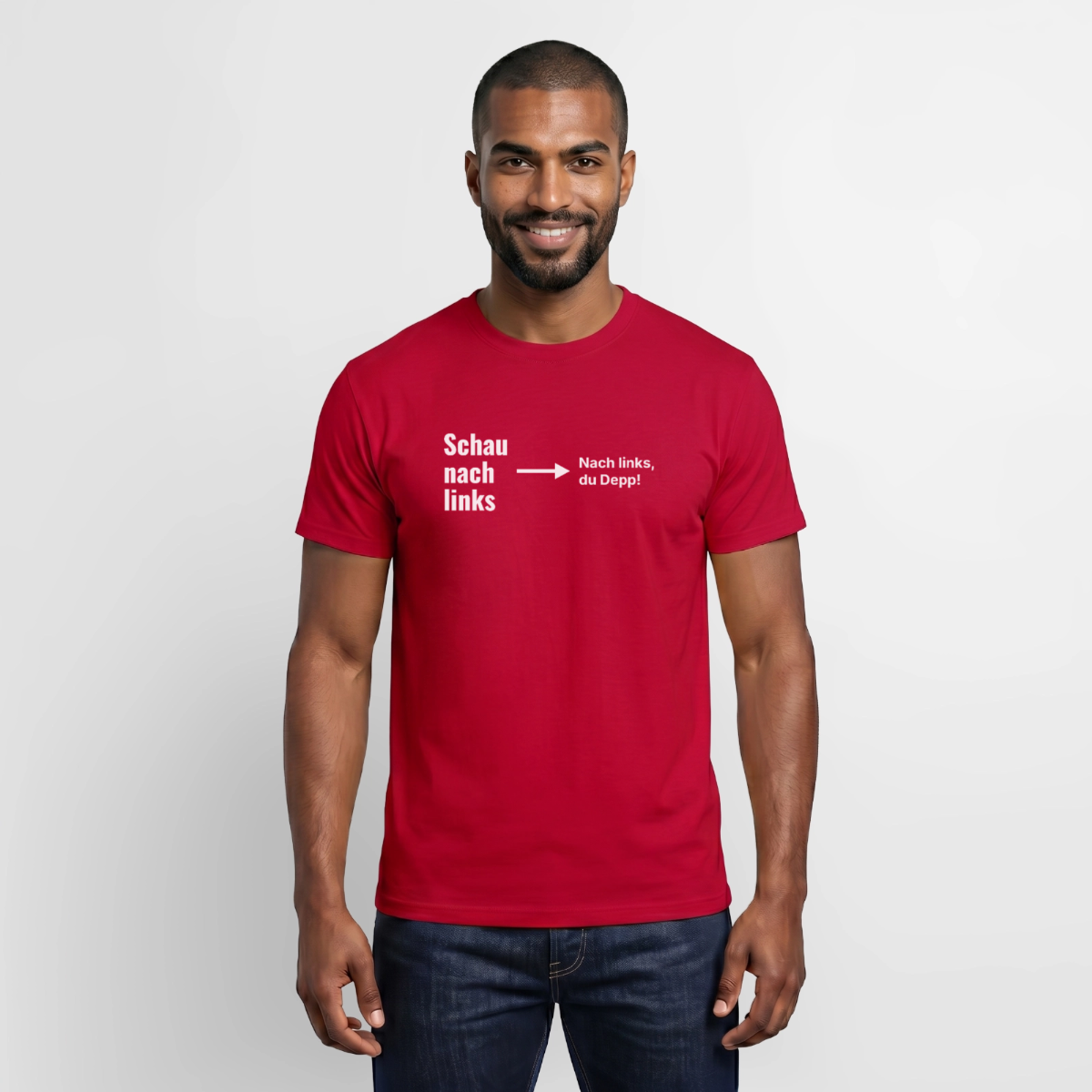 Schau nach links. Typo-Motiv Motiv-T-Shirt für Männer, Farbe Rot, Model