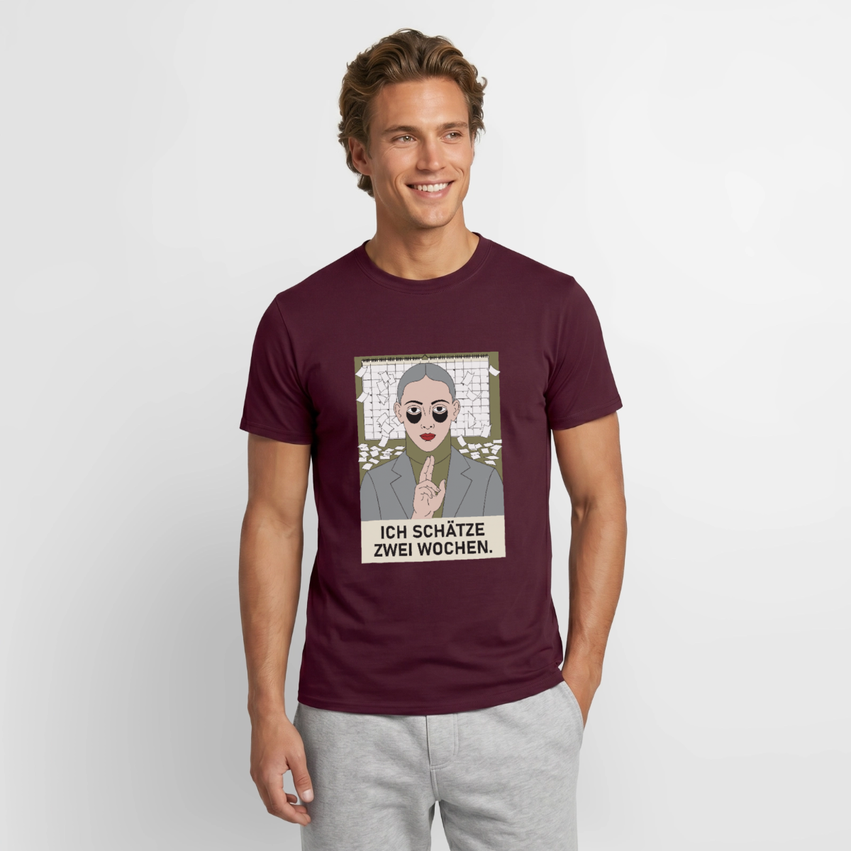 Ich schätze zwei Wochen. Porträt-Motiv Motiv-T-Shirt für Männer, Farbe Ziegelrot, Model