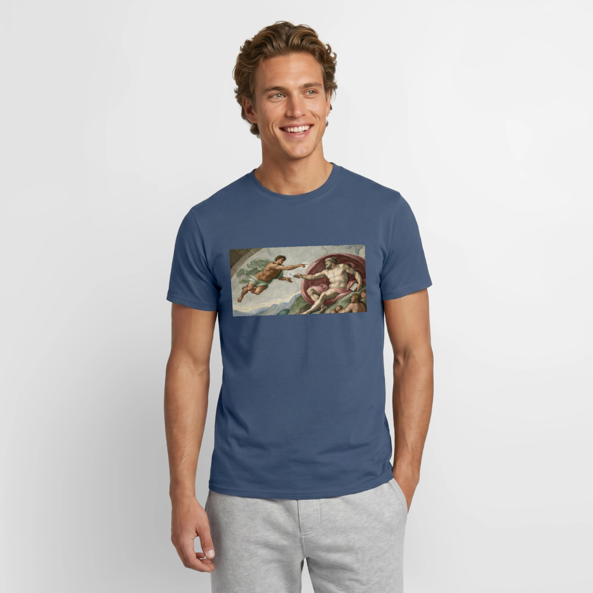 Die Schnittstelle. Renaissance-Motiv Motiv-T-Shirt für Männer, Farbe Dunkles Denimblau, Model