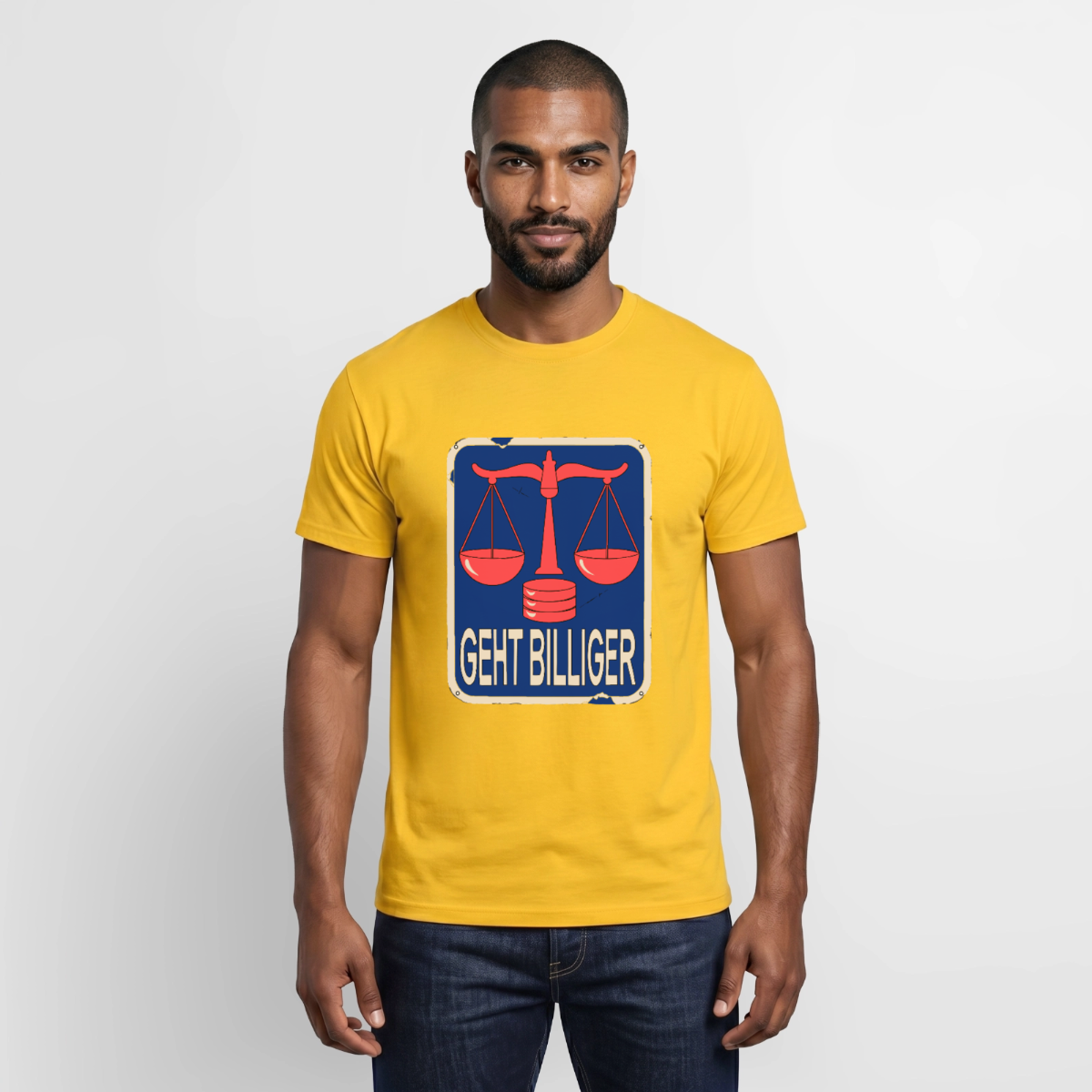 "Geht billiger. Emailschild-Motiv" Motiv-T-Shirt für Männer, Farbe Gelb