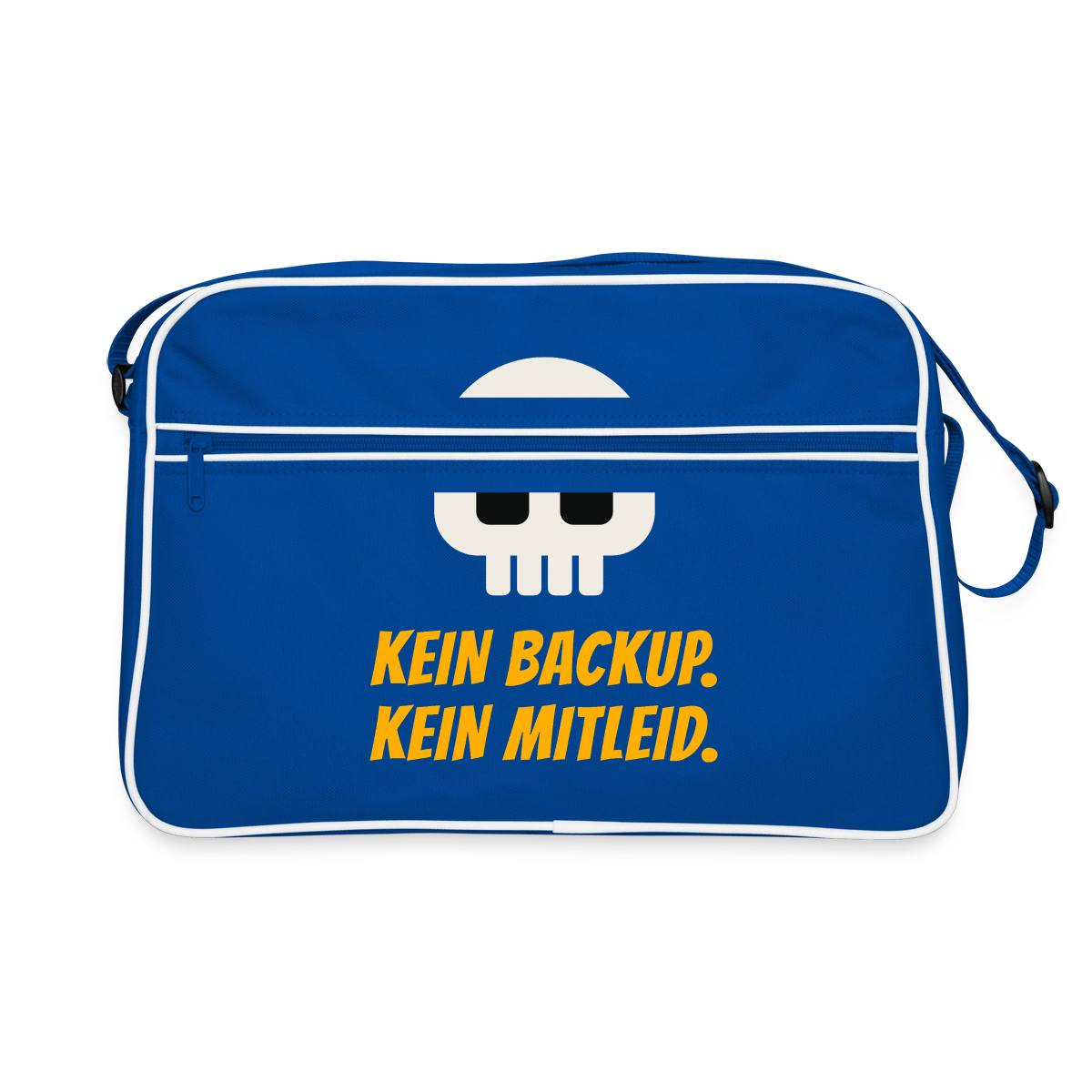 "Kein Backup. Kein Mitleid." Motiv-Retro-Tasche, Farbe Blau/Weiß