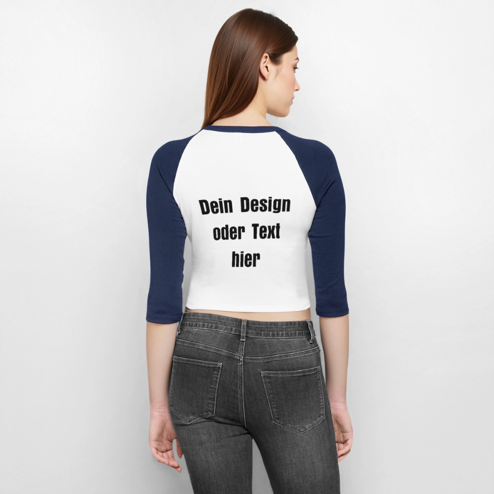 Frauen Cropped Baseball T-Shirt 3/4 Arm - personalisierbare Vorder- und Rückseite - Weiß/Navy 