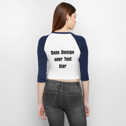 Frauen Cropped Baseball T-Shirt 3/4 Arm - personalisierbare Vorder- und Rückseite - Weiß/Navy 