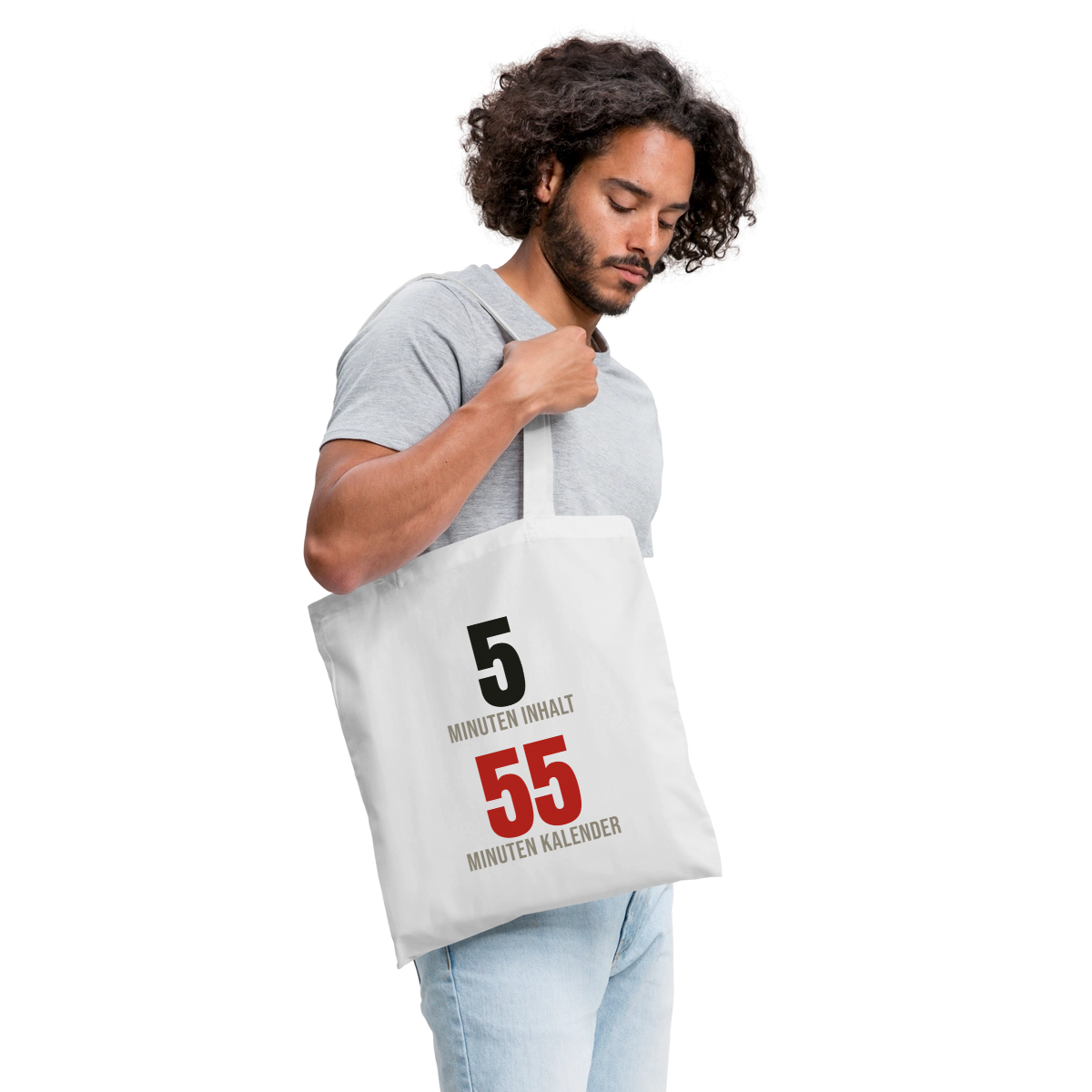 5 Minuten Inhalt, 55 Minuten Kalender Stoffbeutel, Farbe Weiß, Model