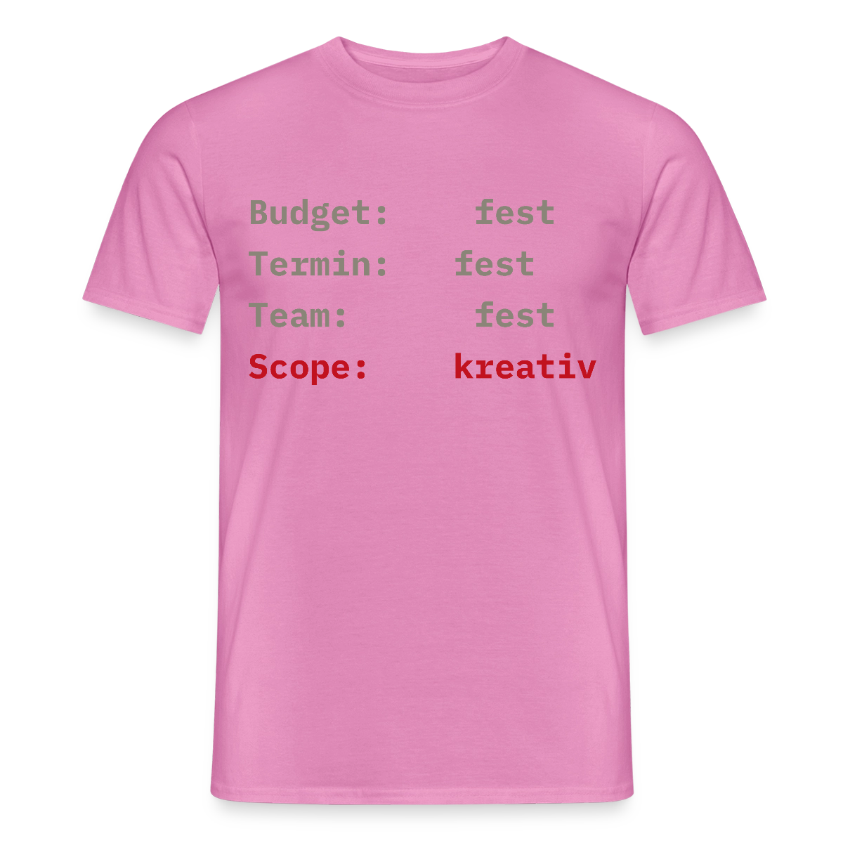 Budget: fest. Termin: fest. Team: fest. Scope: kreativ. Motiv-T-Shirt für Männer, Farbe Pink