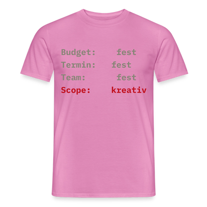 Budget: fest. Termin: fest. Team: fest. Scope: kreativ. Motiv-T-Shirt für Männer, Farbe Pink
