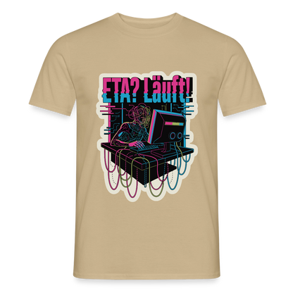 "ETA? Läuft! Cyberpunk-Motiv" Motiv-T-Shirt für Männer, Farbe Sandbeige