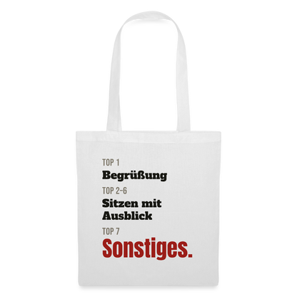 Top 1 Begrüßung, Top 2 bis 6 Sitzen mit Ausblick, Top 7 Sonstiges Stoffbeutel, Farbe Weiß