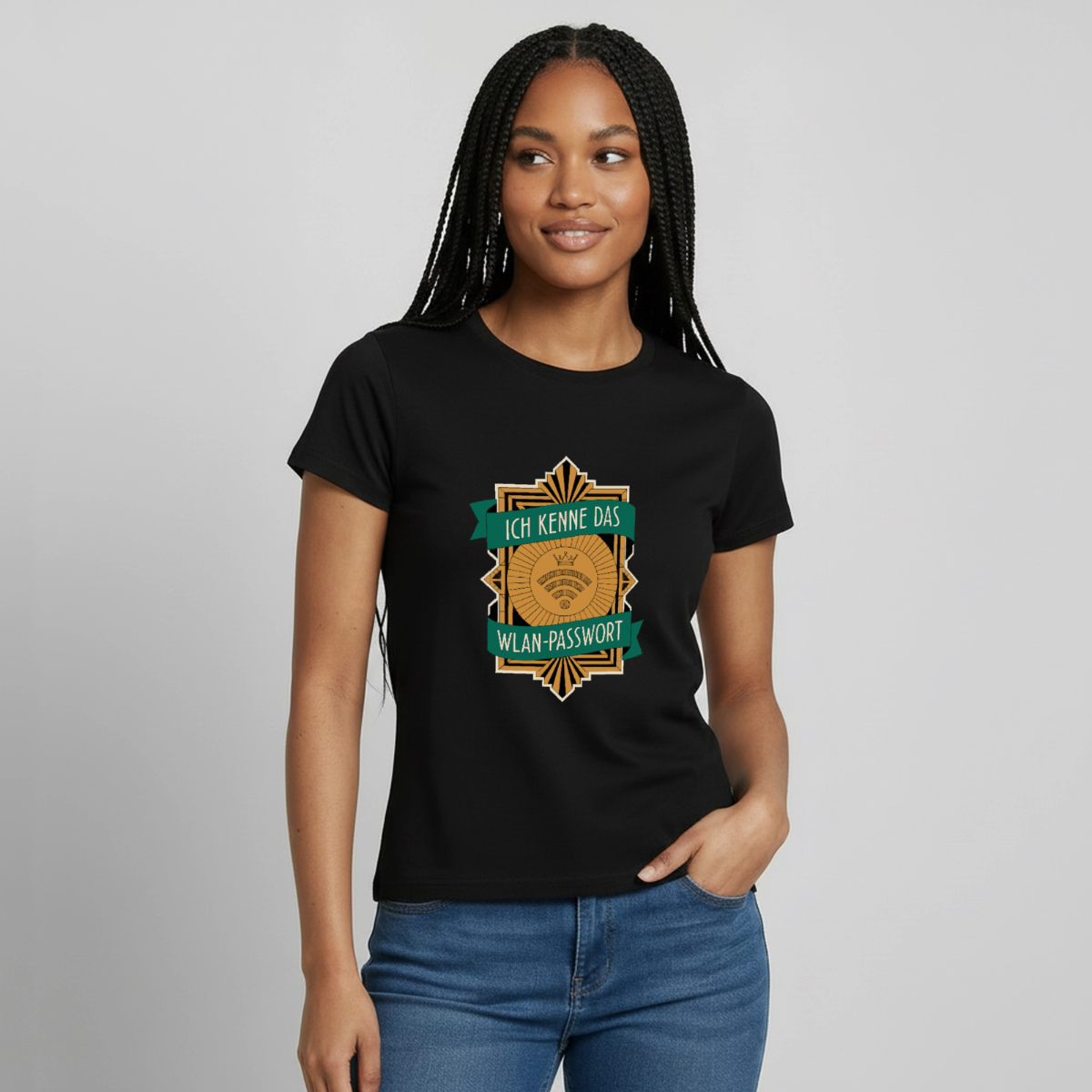 Ich kenne das WLAN-Passwort. Motiv-T-Shirt für Frauen, Farbe Schwarz, Model