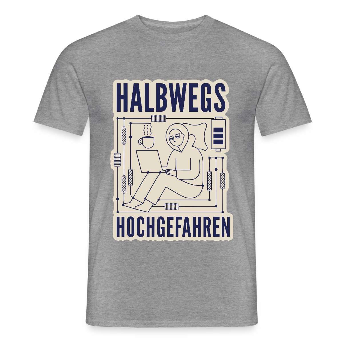 Halbwegs hochgefahren. Motiv-T-Shirt für Männer, Farbe Graphit meliert