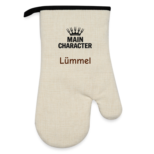 Grill- & Ofenhandschuh (hitzebeständig) mit Gummibeschichtung "Main Character" - personalisierbarer Name oder Text - Leinen/Schwarz 