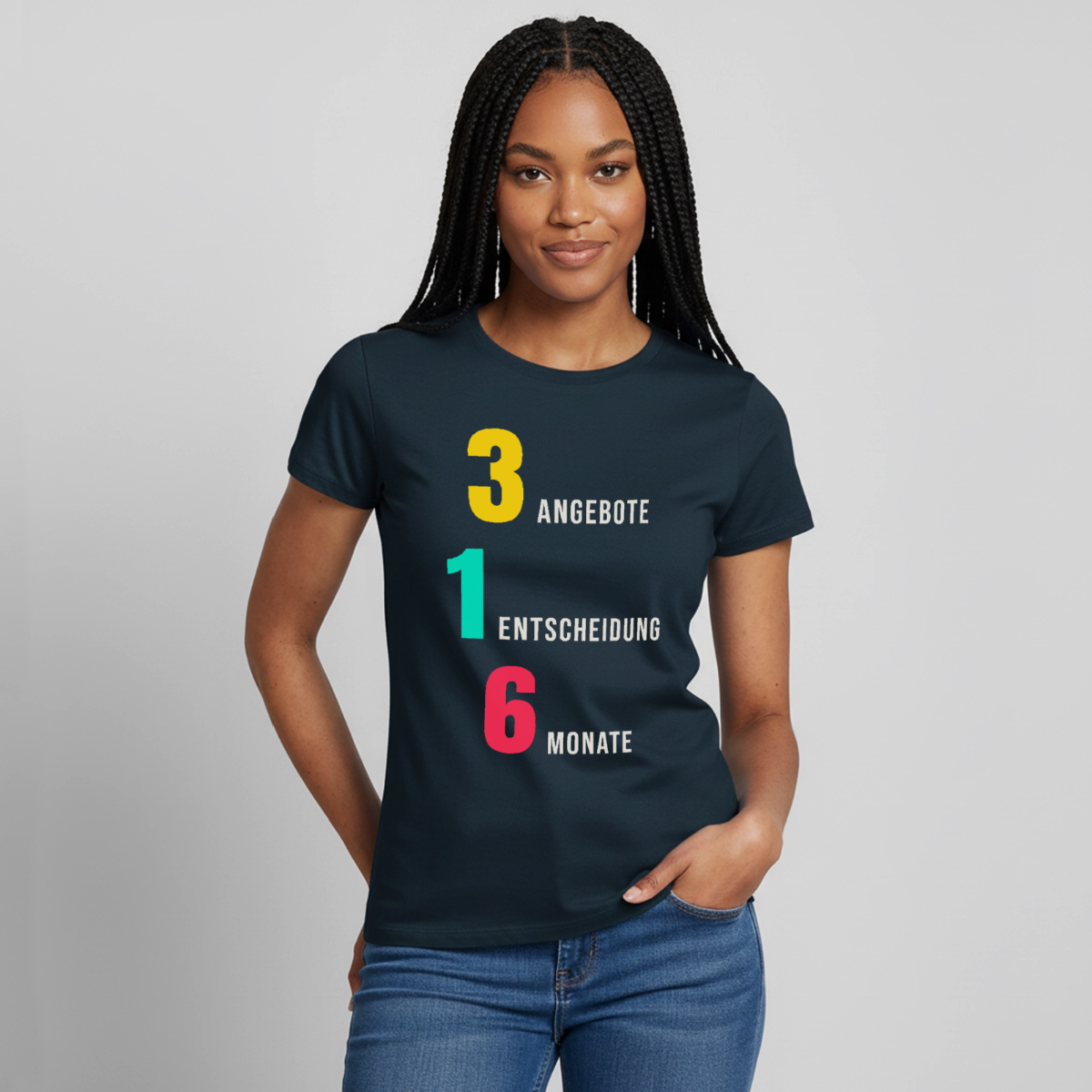 "3 Angebote. 1 Entscheidung. 6 Monate." Motiv-T-Shirt für Frauen, Farbe Navy