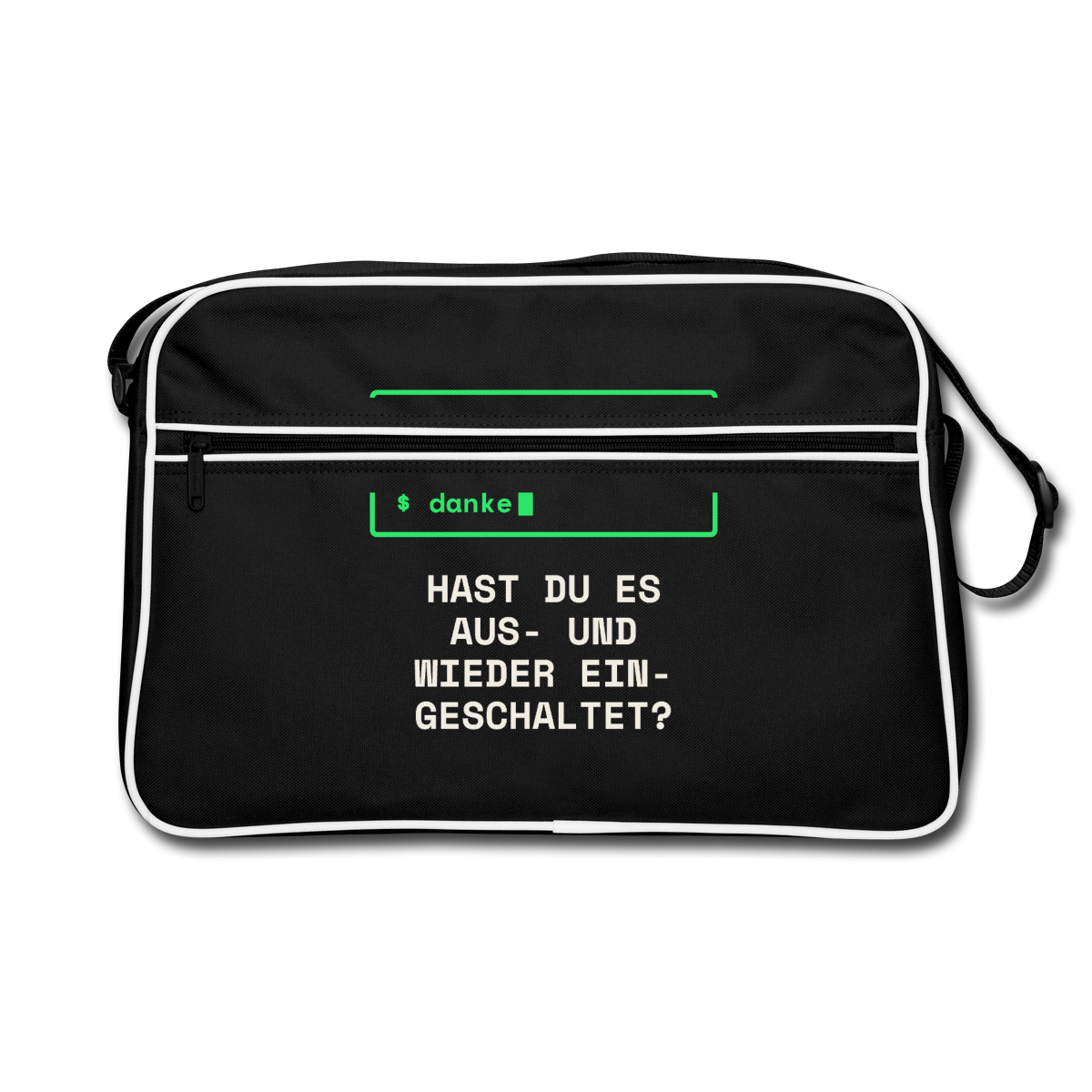 "Hast du es aus- und wieder eingeschaltet?" Motiv-Retro-Tasche, Farbe Schwarz/Weiß