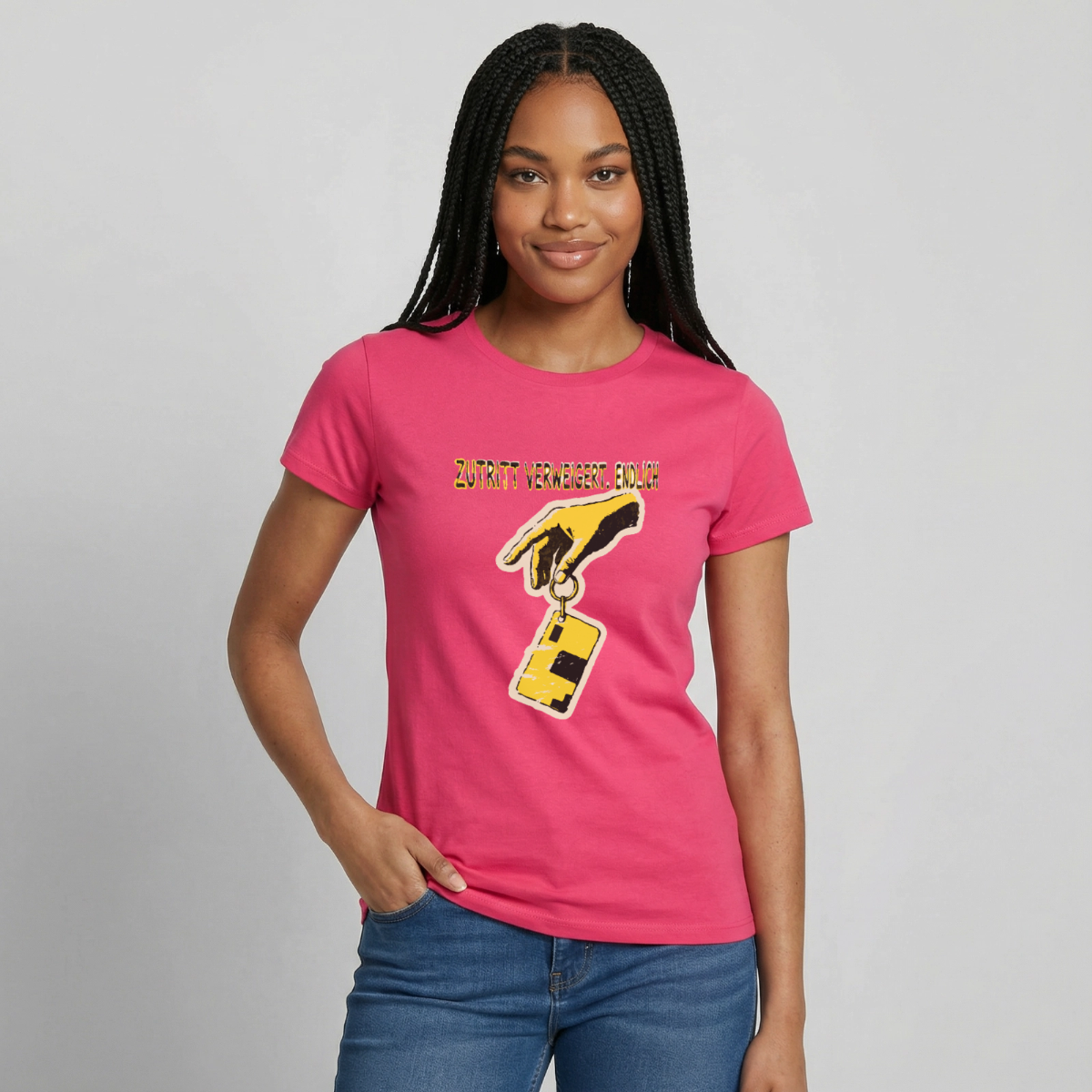 "Zutritt verweigert. Endlich." Motiv-T-Shirt für Frauen, Farbe Azalea