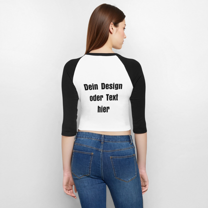 Frauen Cropped Baseball T-Shirt 3/4 Arm - personalisierbare Vorder- und Rückseite - Weiß/Schwarz
