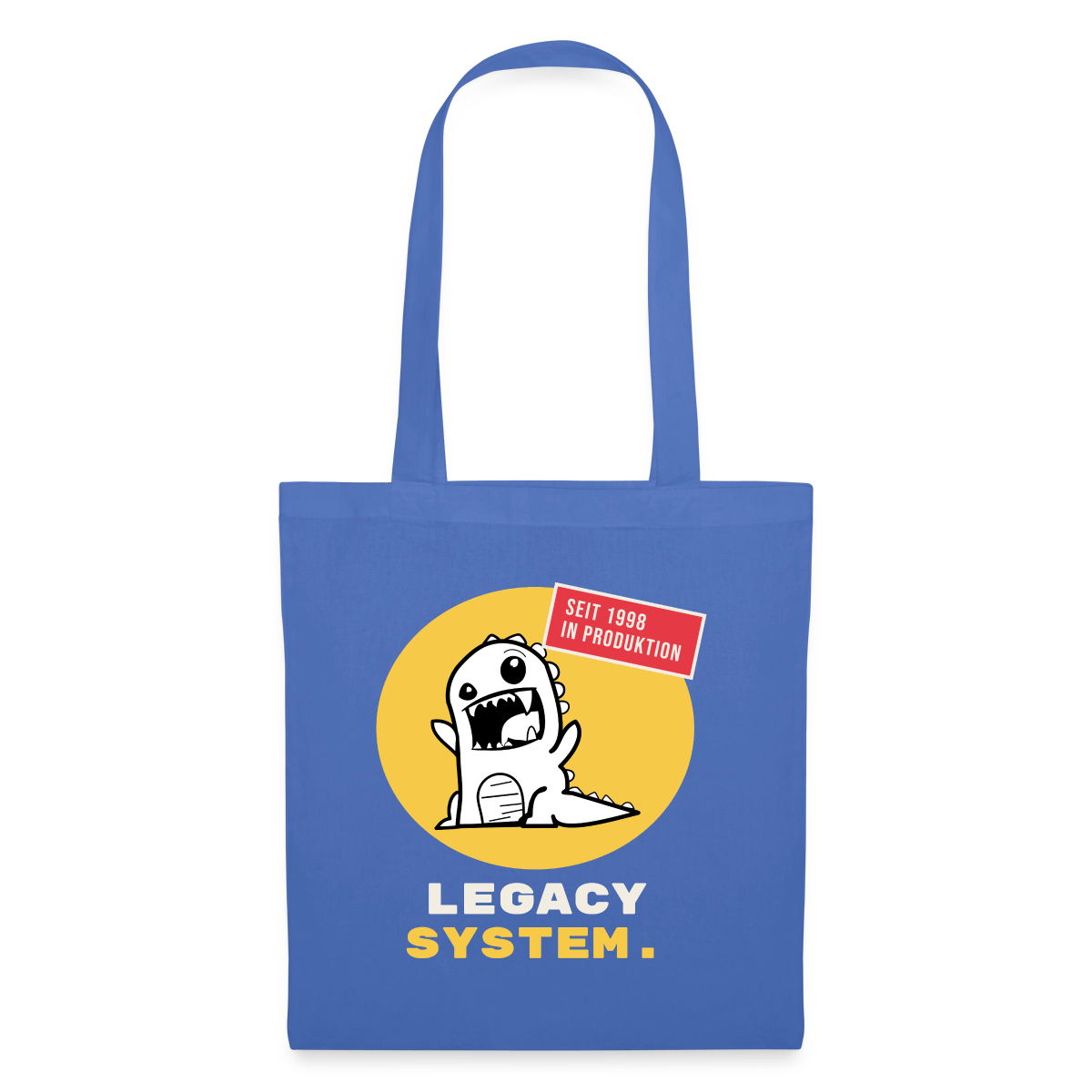 Legacy System. Seit 1998 in Produktion. Stoffbeutel, Farbe Hellblau