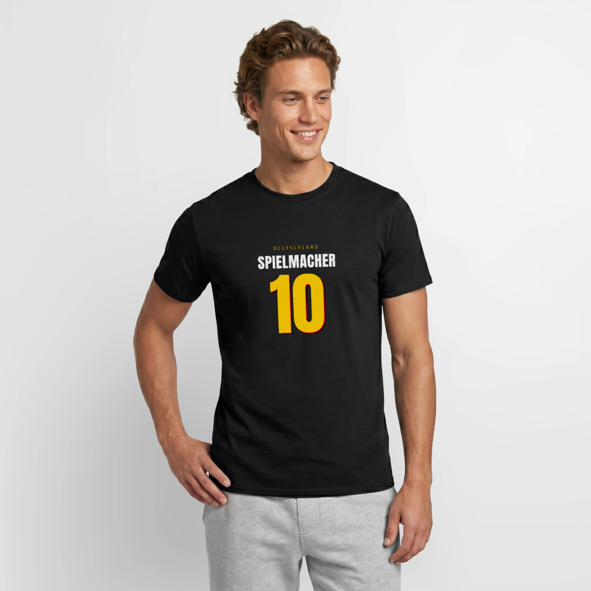 Spielmacher. Trikotnummer-Motiv Motiv-T-Shirt für Männer, Farbe Schwarz, Model