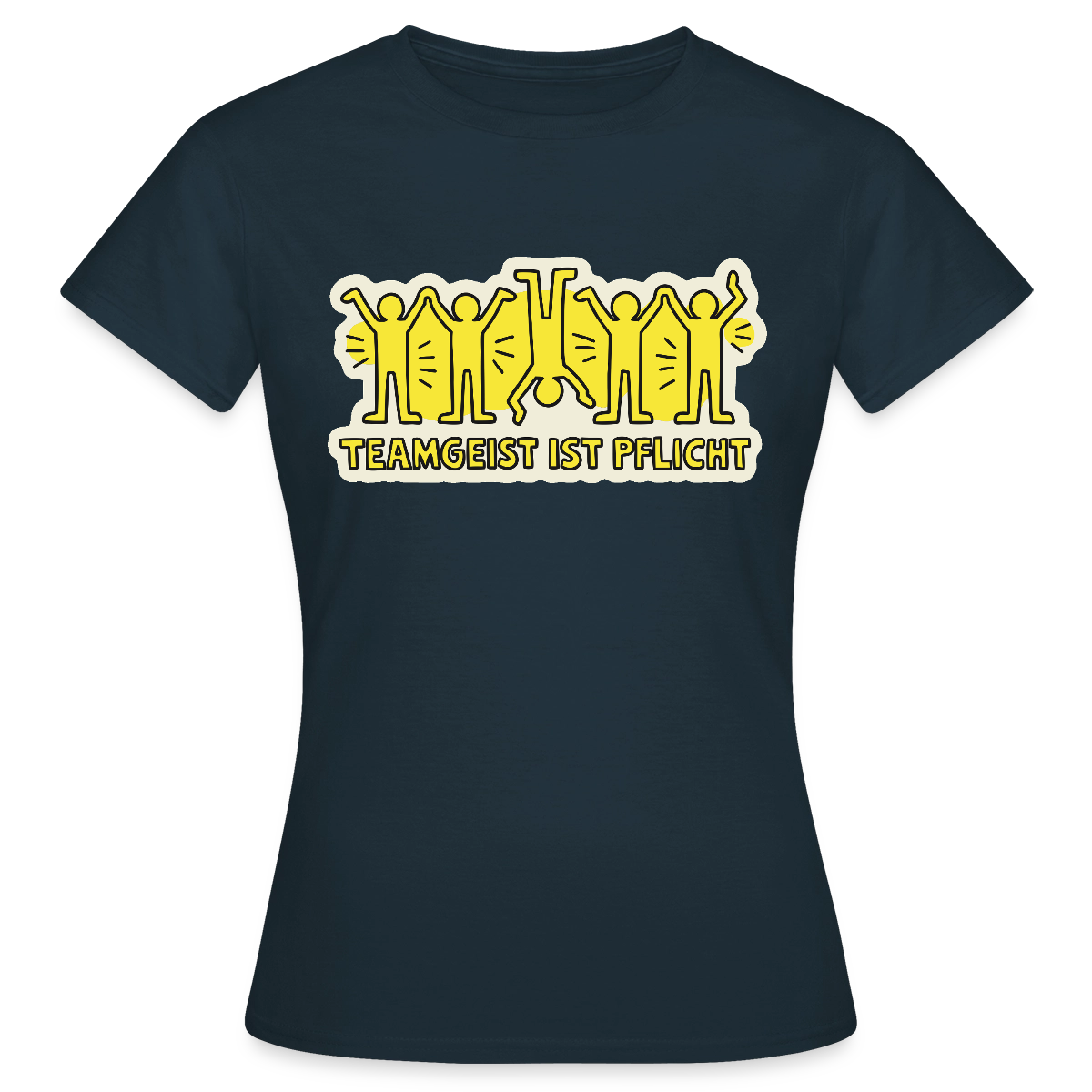 Teamgeist ist Pflicht. Pop-Art-Motiv Motiv-T-Shirt für Frauen, Farbe Navy