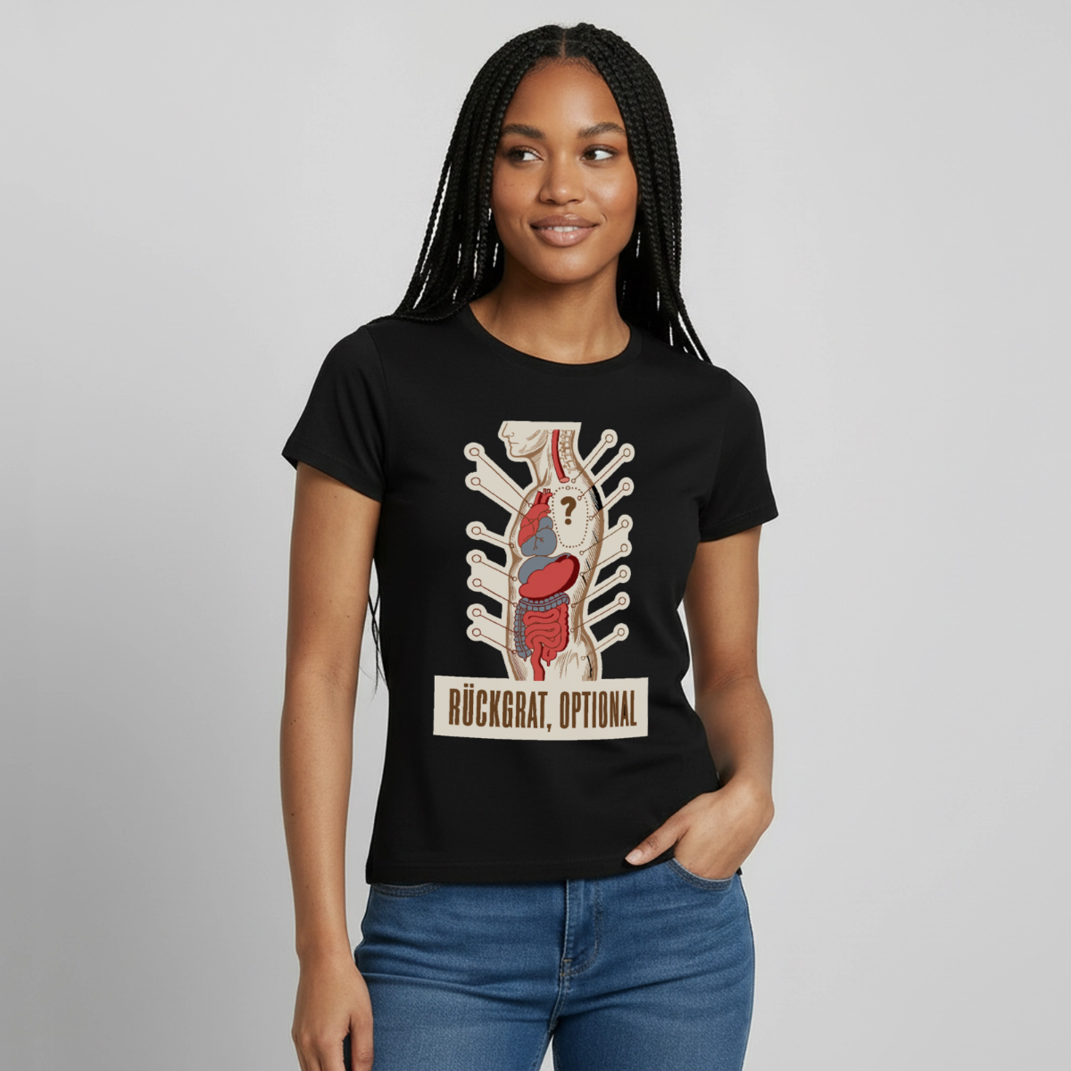 "Rückgrat, optional. Anatomie-Motiv" Motiv-T-Shirt für Frauen, Farbe Schwarz, Model