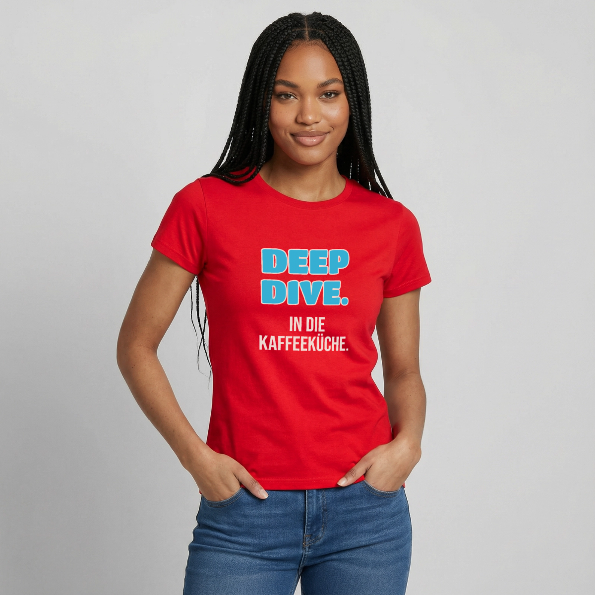 "Deep Dive. In die Kaffeeküche." Motiv-T-Shirt für Frauen, Farbe Rot