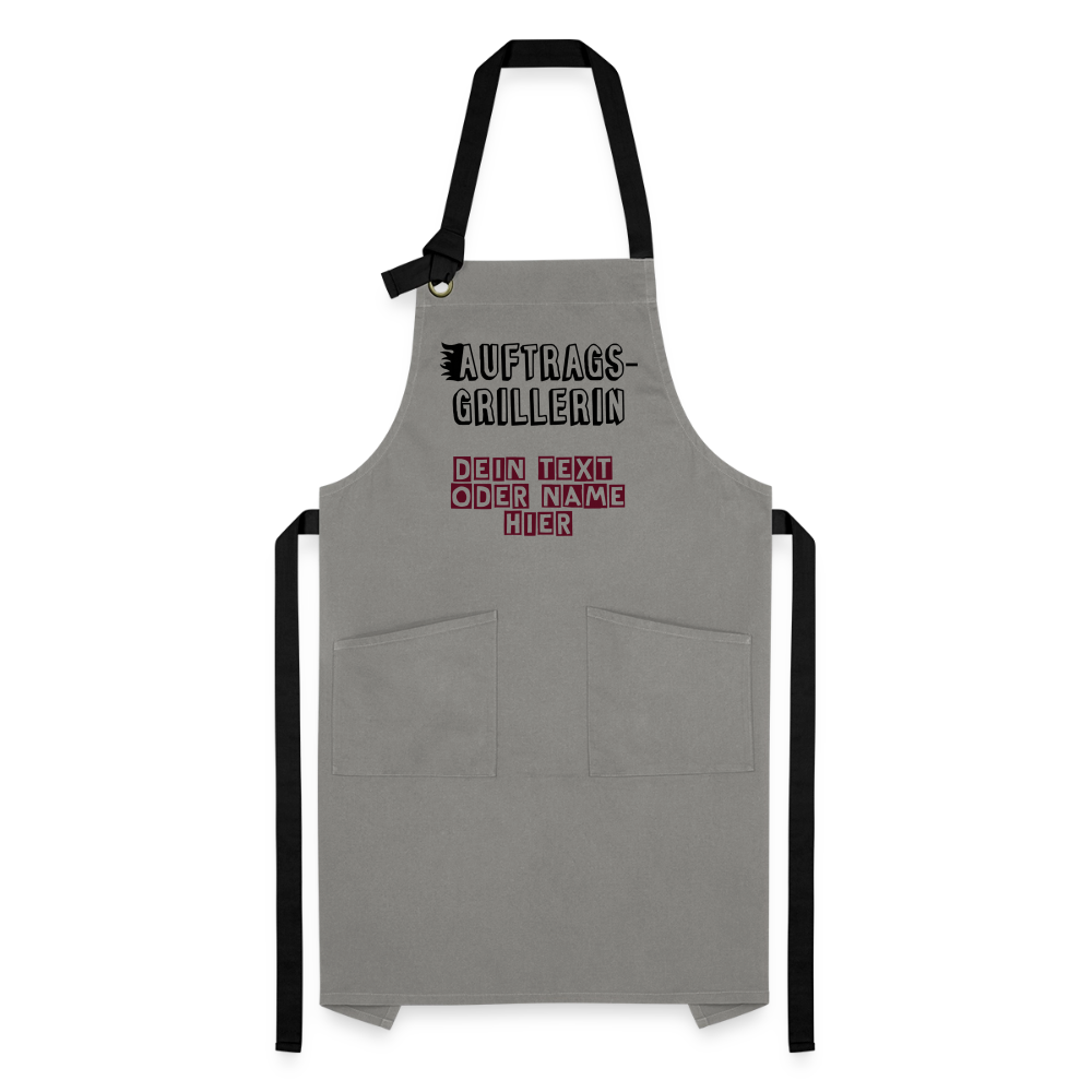 Kontrastschürze "Auftragsgrillerin" für Sie - personalisierbarer Name oder Text - Grau/Schwarz