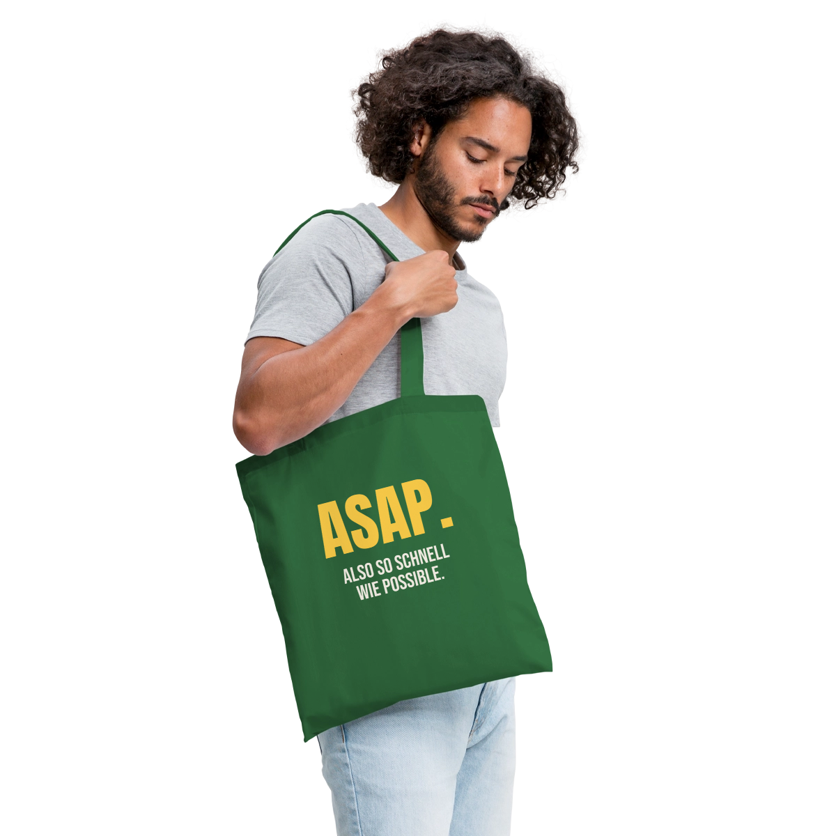 "ASAP. Also so schnell wie possible." Stoffbeutel, Farbe Fichte