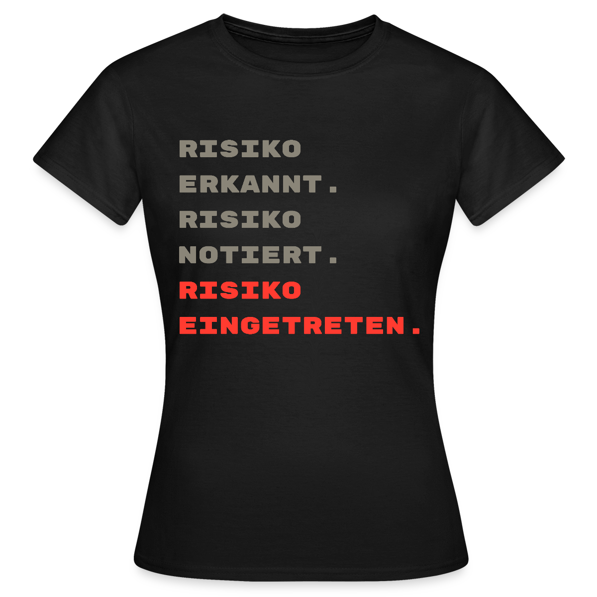 Risiko erkannt. Risiko notiert. Risiko eingetreten. Motiv-T-Shirt für Frauen, Farbe Schwarz