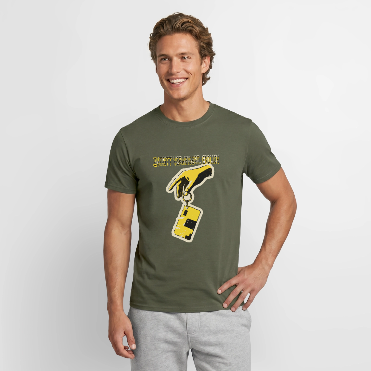 "Zutritt verweigert. Endlich." Motiv-T-Shirt für Männer, Farbe Militärgrün