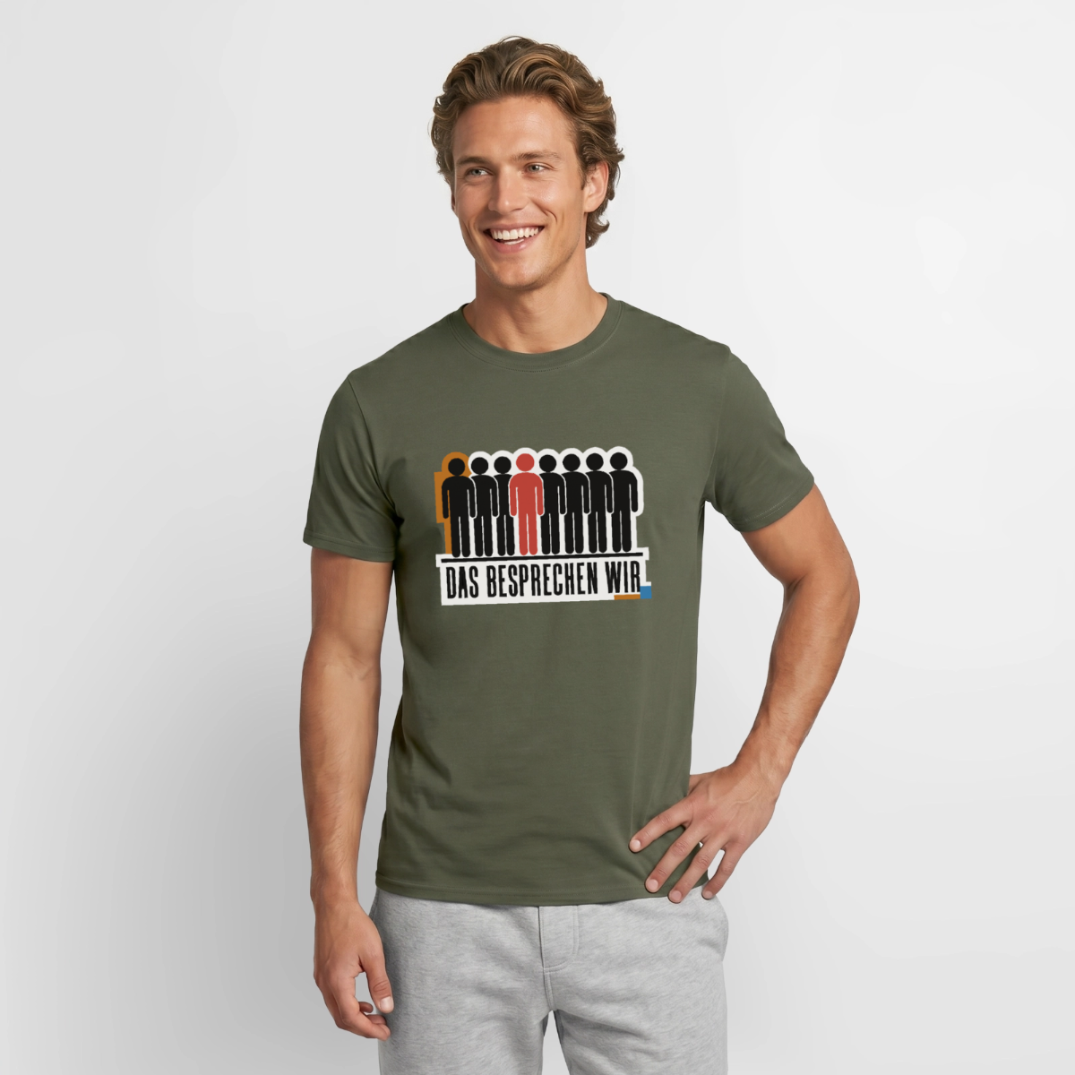 "Das besprechen wir. Isotype-Motiv" Motiv-T-Shirt für Männer, Farbe Militärgrün