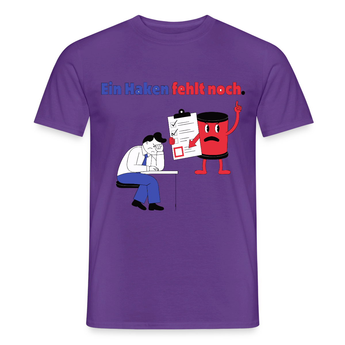"Ein Haken fehlt noch. Comic-Motiv" Motiv-T-Shirt für Männer, Farbe Lila