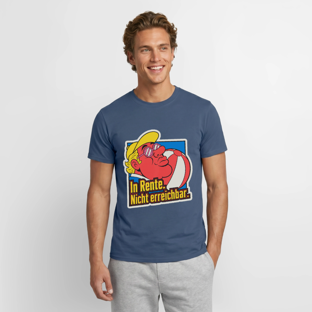 "In Rente. Nicht erreichbar. Popart-Motiv" Motiv-T-Shirt für Männer, Farbe Dunkles Denimblau