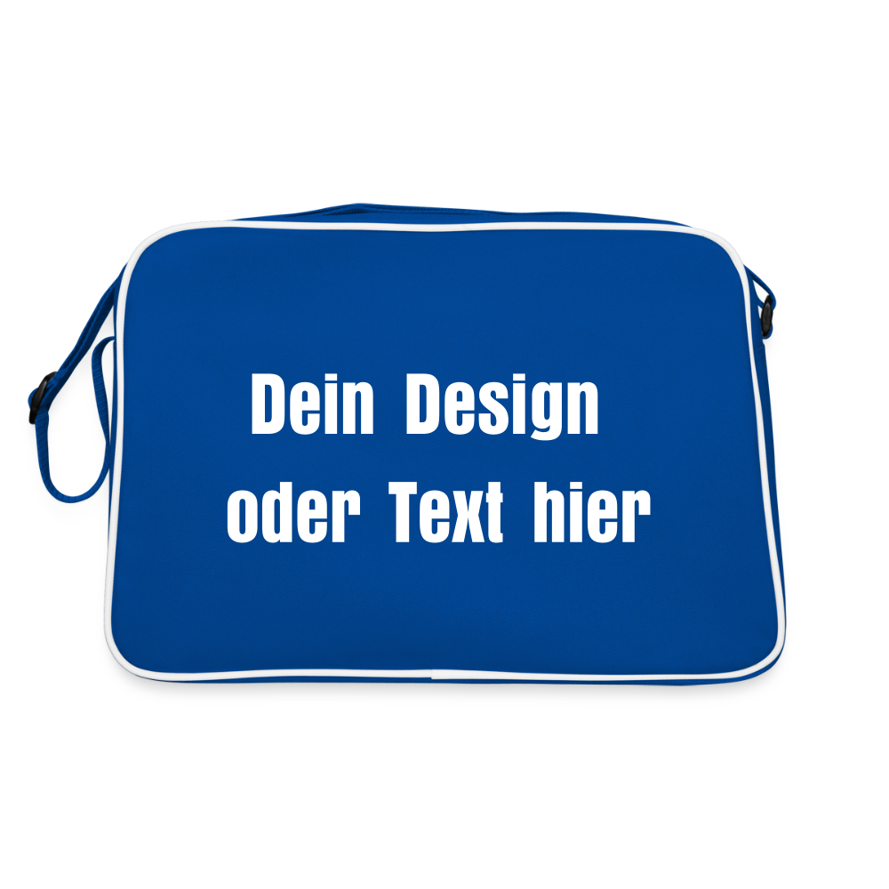 Retro Tasche mit Reißverschluss - personalisierbar - Blau/Weiß