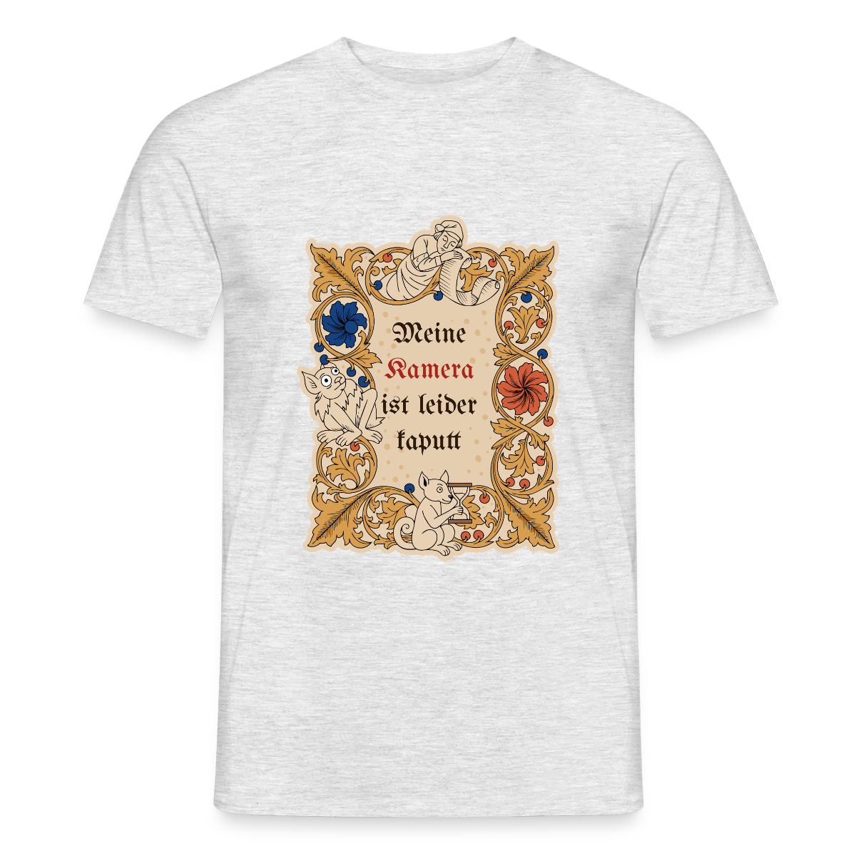 Meine Kamera ist leider kaputt. Buchmalerei-Motiv Motiv-T-Shirt für Männer, Farbe Grau meliert, Model