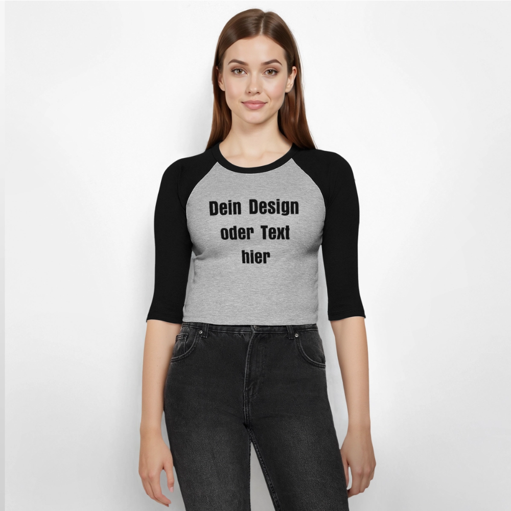 Frauen Cropped Baseball T-Shirt 3/4 Arm - personalisierbare Vorder- und Rückseite - Grau meliert/Schwarz